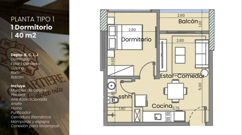 1 Dormitorio 40m²